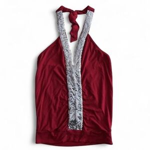 Vintage Y2K Wet Seal Red Halter Top with Metallic Accents